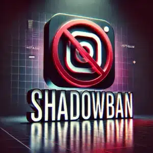 Ilustración del shadowban en Instagram con el logo de Instagram y un símbolo de prohibición, destacando la palabra 'Shadowban'.